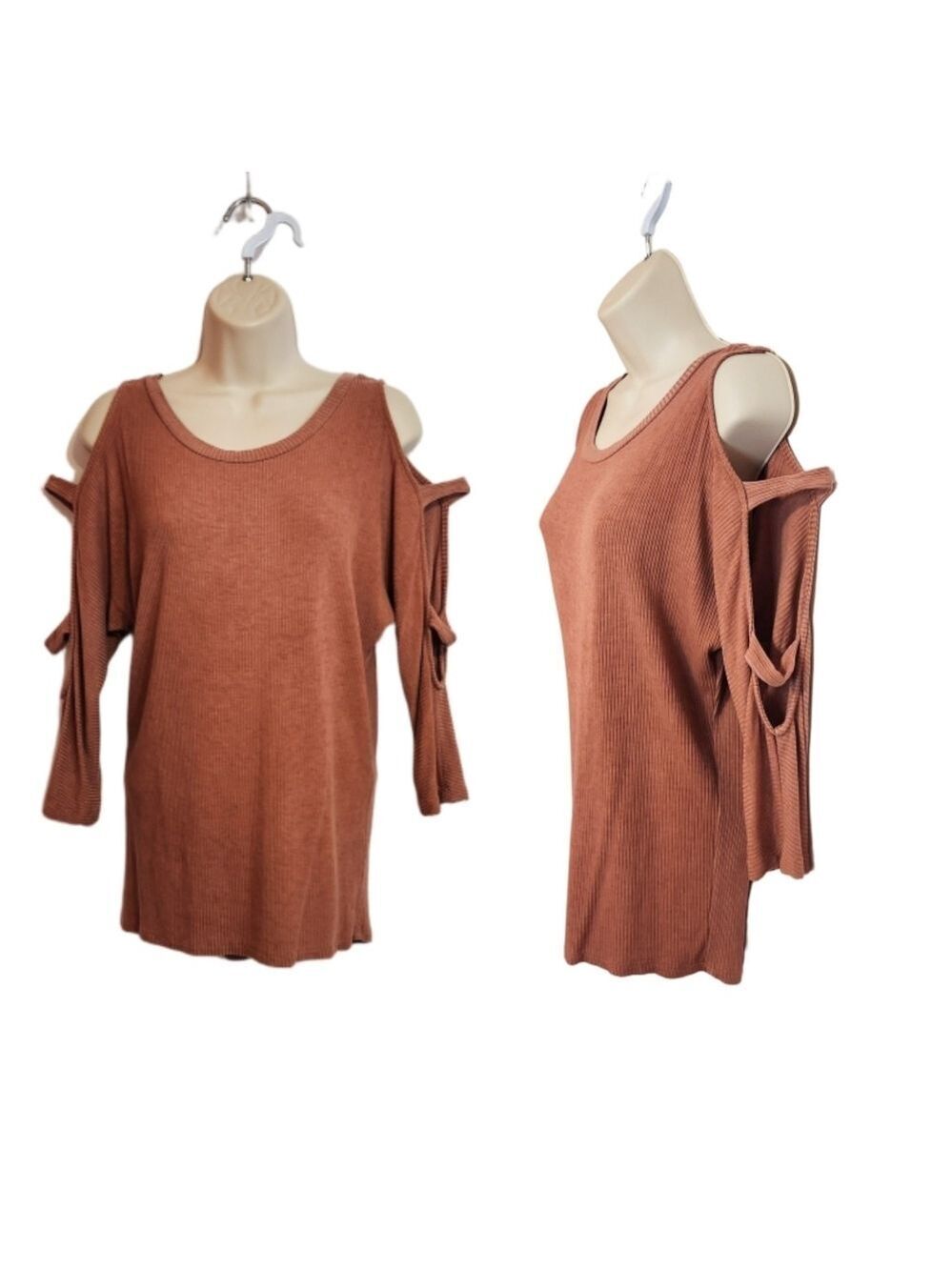 Cherish Ribbed Cold Shoulder Knit Top Orange Pink Small